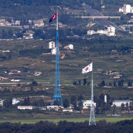 Flags of both Koreas from the border area in Paju, South Korea. Pyongyang launched a ballistic missile on Sunday off its east coast. File photo: Yonhap via AP