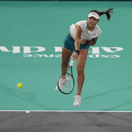 Emma Raducanu of Britain serves against Ons Jabeur during the Mubadala World Tennis Championship in Abu Dhabi. Photo: AP