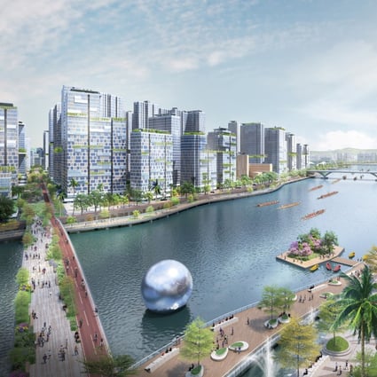 An artist’s impression of a promenade and channel between artificial islands of the Lantau Tomorrow Vision project. Photo: Handout