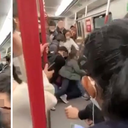 According to reports commuters dropped ‘like bowling pins’ when a fight broke between a man and a woman in the carriage of a moving train on Hong Kong’s mass transit rail system. Photo: SCMP composite