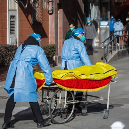 Volunteer health workers push a stretcher in front of the fever clinic at Chaoyang Hospital in Beijing on Wednesday. Medical staff from outside Beijing are being sent to the capital to help cope with the number of hospital admissions. Photo: EPA-EFE
