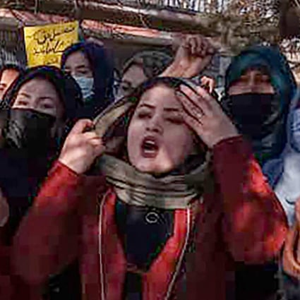 Afghan women chant slogans in Kabul on Thursday to protest against the ban on university education for women. Photo: AFP