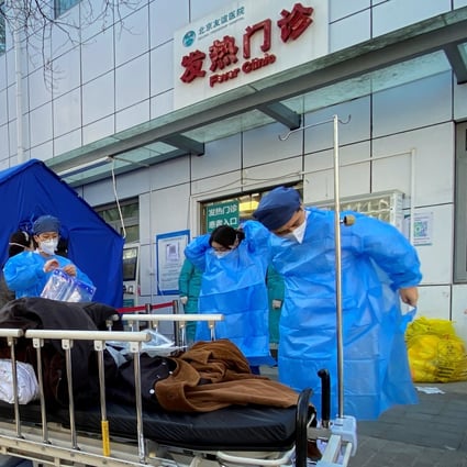Nurses get ready for their shift outside  a fever clinic at a hospital  in Beijing, as the Covid surge continues. Photo: Reuters 