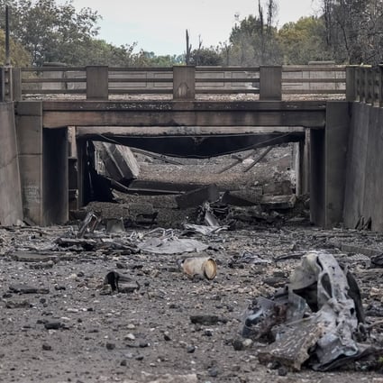 The truck was said to have been trying to pass under this bridge at the time of the explosion near Johannesburg, South Africa on Saturday. Photo: EPA-EFE