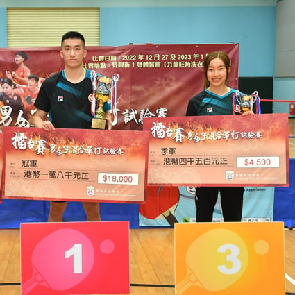Pedrey Ng (right) shares a podium with winner Lam Siu-hang at the mixed singles event. Photo: Hong Kong Table Tennis Association