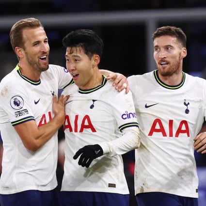 Tottenham Hotspur’s Son Heung-min (centre) celebrates scoring his side’s fourth goal with Harry Kane (left) and Matt Doherty. Photo: Reuters