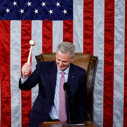 Kevin McCarthy bangs the speaker’s gavel for the first time after being elected the next speaker of the US House of Representatives on Saturday. Photo: Reuters . 