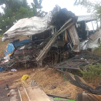 The scene of a road accident in central Senegal on Sunday, where at least 38 people died and scores were injured when two buses collided. Photo: AFP