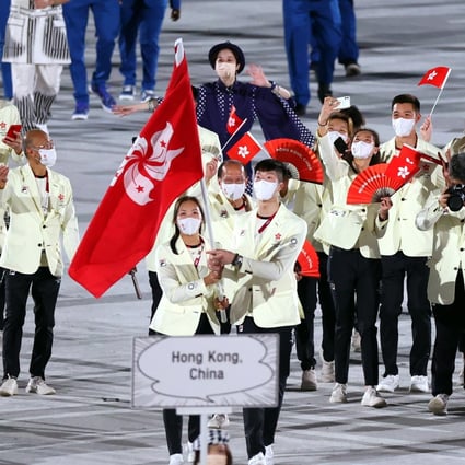 The Hong Kong, China delegation enters the Olympic Stadium in Tokyo during the 2020 Olympic Games opening ceremony. Photo: EPA-EFE 