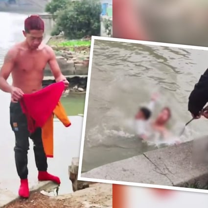 A man in China who jumped into icy water to save a drowning man has been attacked for not looking heroic enough because of his red hair, bright underwear and tattoos. Photo: SCMP composite/handout
