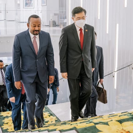 Ethiopian Prime Minister Abiy Ahmed and Chinese Foreign Minister Qin Gang meet for talks in Addis Ababa on Tuesday. Photo: AFP/Ethiopian Prime Minister’s Office