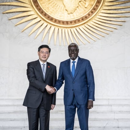 Foreign Minister Qin Gang and African Union Commission chairman Moussa Faki Mahamat meet at the union’s headquarters in Addis Ababa, Ethiopia, on Wednesday. Photo: AFP