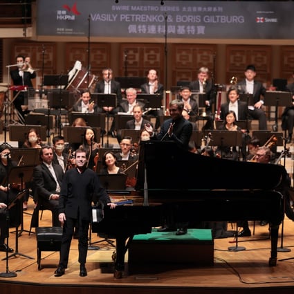 Conductor Vasily Petrenko (standing behind piano) and pianist Boris Giltburg (front) with the Hong Kong Philharmonic for the Phil’s recent all-Russian programme. Photo: Keith Hiro/HK Phil