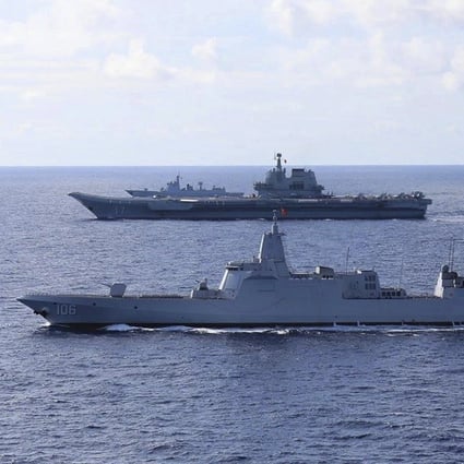 The Shandong, China’s first homegrown aircraft carrier, and a Type 055 guided-missile destroyer take part in drills in the South China Sea. Photo: WeChat