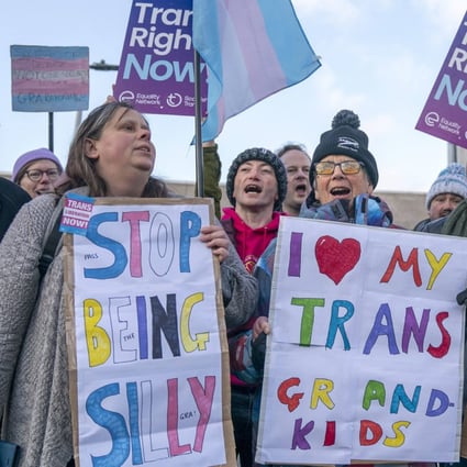 Supporters of the Gender Recognition Reform Bill take part in a protest outside the Scottish Parliament in Edinburgh in December 2022. Photo: PA via AP