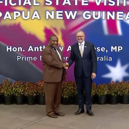 Australian Prime Minister Anthony Albanese, left, and Papua New Guinea’s Prime Minister James Marape shake hands outside the parliament in Port Moresby, Papua New Guinea on January 12, 2023. Photo: via AP