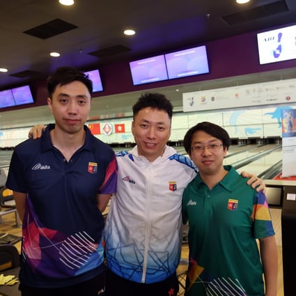 Hong Kong bowlers (from left to right)  Michael Mak Cheuk-yin, Wu Siu-hong and Tony Wong Kwan-yuen during the Asian Tenpin Bowling Championships at South China Athletic Association. Photos: Edmond So