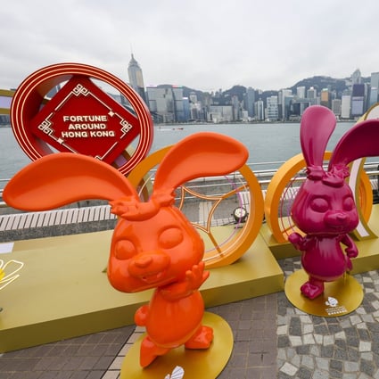 Lunar New Year decorations to celebrate the Year of the Rabbit are displayed at Tsim Sha Tsui promenade in Hong Kong. Photo: May Tse