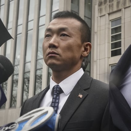 Officer Baimadajie Angwang of the New York City Police Department speaks outside Brooklyn Federal Court on Thursday after a judge dismissed spying charges against him. Photo: AP
