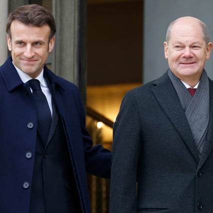 France’s President Emmanuel Macron (left) and German Chancellor Olaf Scholz at the presidential Elysee Palace in Paris on Sunday. Photo: Pool/AFP