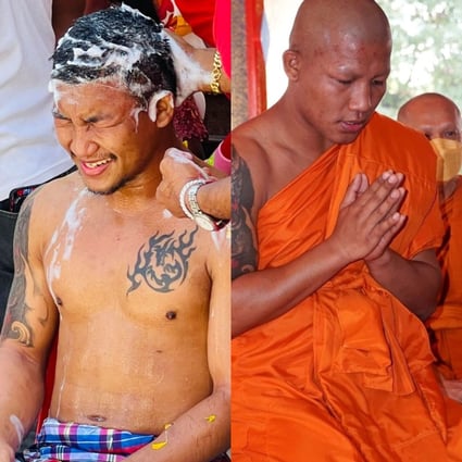 Rodtang Jitmuangnon gets his head shaved (left) before being ordained as a Buddhist monk in Thailand. Photo: Facebook/Rodtang Jitmuangnon