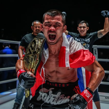 Nong-O Gaiyanghadao celebrates his victory over Alaverdi Ramazanov at ONE Friday Fights 1. Photos: ONE Championship
