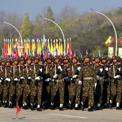 Members of the Myanmar military march during a parade to mark the country’s Independence Day in Naypyidaw on January 4, 2023. Photo: AFP