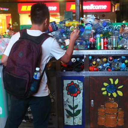 An overflowing recycling bin in Wan Chai in June 2019. Photo: Edmond So