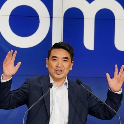 Eric Yuan, CEO of Zoom Video Communications, takes part in a bell-ringing ceremony at the Nasdaq MarketSite, at Times Square in New York, in April 2019. Photo: Reuters