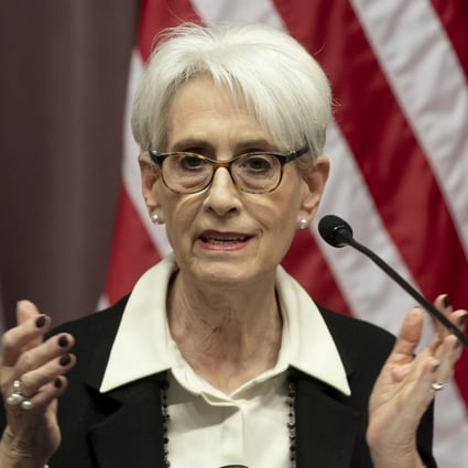 US Deputy Secretary of State Wendy Sherman speaks after trilateral talks with her counterparts from Japan and South Korea in Washington on Monday. Photo: EPA-EFE