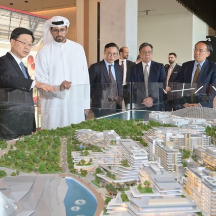 John Lee (left), Hong Kong’s chief executive, during a visit to Abu Dhabi. On his trip to the Middle East in February, Lee told his hosts Hong Kong had “no restrictions whatsoever” in terms of Covid-19-related controls despite an ongoing public mask mandate with a fine for non-compliance. Photo: Handout via Xinhua