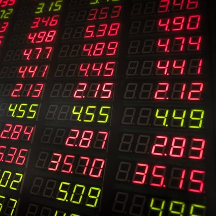 View of an electronic board displaying stock index and prices inside a securities brokeragae in Beijing. Photo: EPA-EFE
