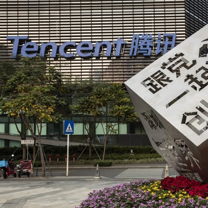 An installation reading “Follow Our Party Start Your Business” in front of Tencent Holdings' headquarters in Shenzhen on March 20, 2021. Photo: Bloomberg