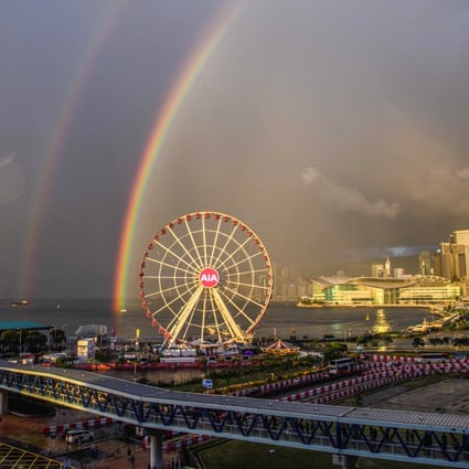 The Hong Kong Observation Wheel, also known as the Central Ferris Wheel, bearing AIA’s corporate logo, on June 16, 2020. Photo: AFP