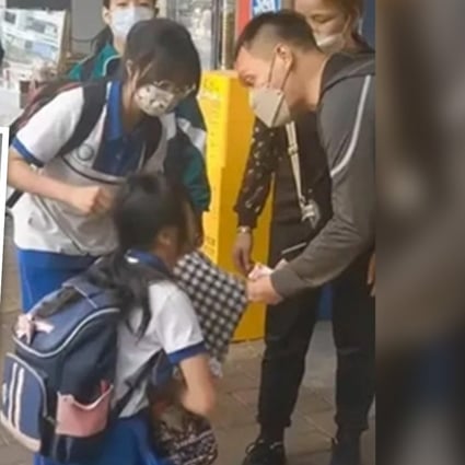 The girl is shown begging the woman for her money after she dropped her entire weekly living allowance on the street where the woman picked it up. Photo: SCMP composite/Weibo
