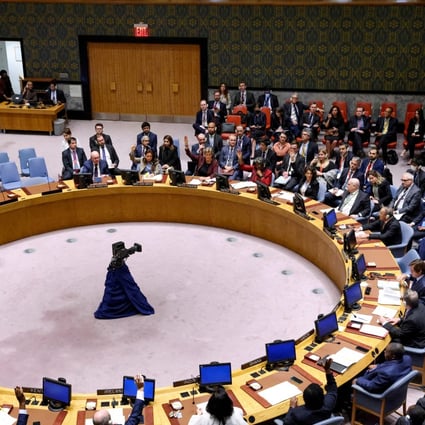 A meeting of the UN Security Council in New York, US. China has reportedly blocked the US from broadcasting a Security Council meeting on human rights abuses in North Korea. Photo: Reuters