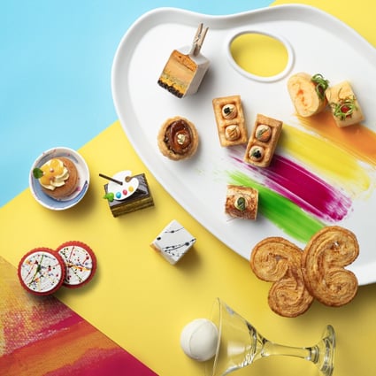 The Mira hotel’s art-themed tea set. Art Basel returns to Hong Kong this month, and bars and restaurants are celebrating with special menus to excite the eyes and taste buds. Photo: Coco