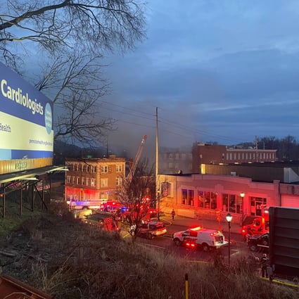 Smoke pours from a chocolate factory after a fire broke out, in West Reading, Pennsylvania on Saturday. Photo: Twitter @Based_In410 / via Reuters