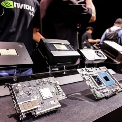 Nvidia chips on display during the Taipei Computex expo in Taipei, Taiwan, on May 29. Tech stocks are responding to the opportunities provided by the AI explosion. Photo: Bloomberg