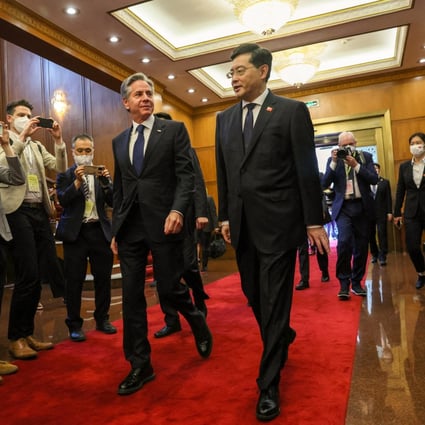 US Secretary of State Antony Blinken (left) and Chinese Foreign Minister Qin Gang enter the Diaoyutai State Guest House in Beijing for talks on Sunday. Photo: Reuters