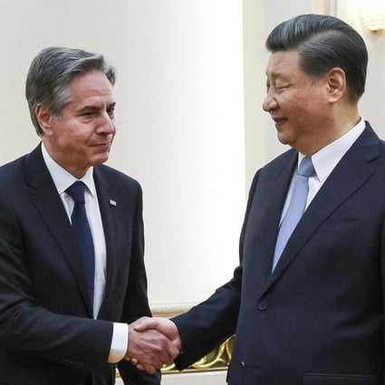 US Secretary of State Antony Blinken (left) shakes hands with Chinese President Xi Jinping (right) in the Great Hall of the People in Beijing on Monday. Photo: AP