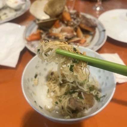 In Chinese culture, there are meals that celebrate a single ingredient. Above: crispy vermicelli cooked in the chicken and seafood juices from two earlier courses at Sossam Tea House, in To Kwa Wan, Hong Kong. Photo: Sossam Tea House