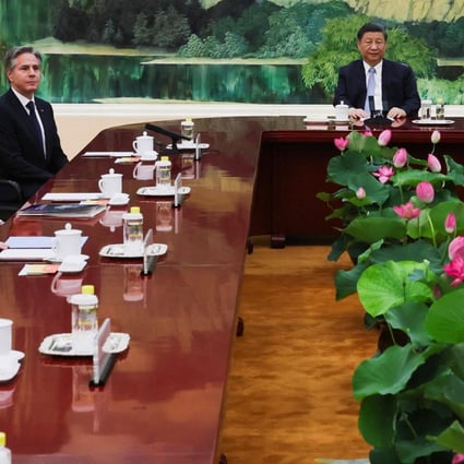 US Secretary of State Antony Blinken (fourth left) attends a meeting with President Xi Jinping (right) at the Great Hall of the People in Beijing on June 19. Xi hosted Blinken for a 35-minute dialogue, capping two days of high-level talks by the US secretary of state with Chinese officials. Photo: AFP