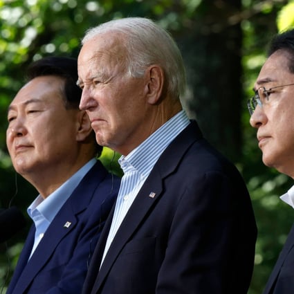 South Korean President Yoon Suk Yeol, US President Joe Biden and Japanese Prime Minister Fumio Kishida hold a joint news conference following three-way talks at Camp David on August 18, 2023. The leaders discussed moving forward in “lockstep” on issues related to military cooperation, international politics, countering China and North Korea and other topics.  Photo: AFP