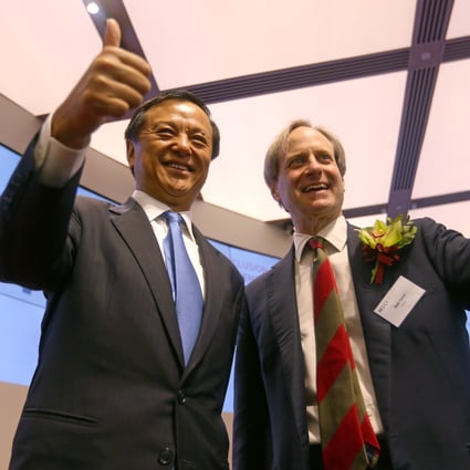Hong Kong Exchanges and Clearing Limited (HKEX) chief executive Charles Li Xiaojia (L) with MSCI Inc’s managing director Baer Pettit at the MSCI's A-share inclusion ceremony and press briefing at the HKEX at Exchange Square in Central on 31 May 2018. Photo: SCMP/Xiaomei Chen.