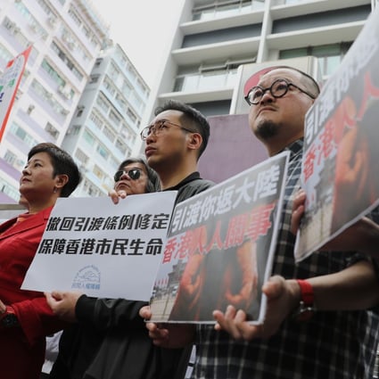 Pan-democrats (left to right): Lawmaker Raymond Chan, Claudia Mo, Helen Wong, ‘Long Hair’ Leung Kwok-hung, Alvin Yeung and Shiu Ka-chun. The group met in Mong Kok to announce renewed resistance to the proposed fugitive law. Photo: Winson Wong