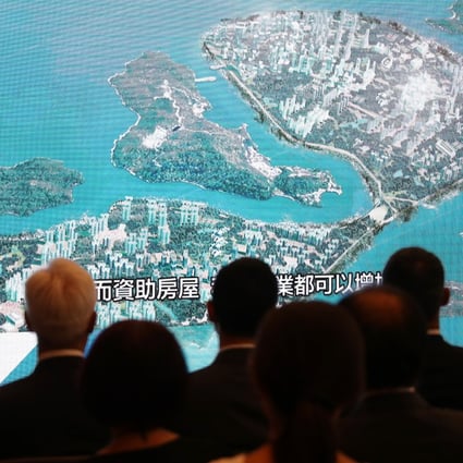 A presentation slide is shown during the Our Hong Kong Foundation press conference on the proposed East Lantau Metropolis project, on August 7, 2018. Photo: K. Y. Cheng