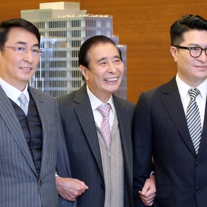 Henderson Land Development’s founder and chairman Lee Shau-kee (centre) with his two sons Peter Lee Ka-kit (left) and Martin Lee Ka-shing (right), on 21 March 2016 in Hong Kong. Photo: SCMP/ Sam Tsang