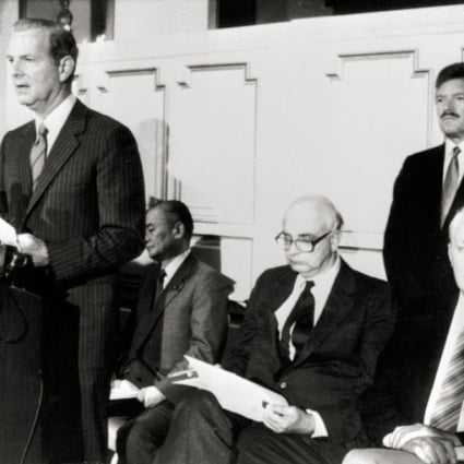 Then US Treasury Secretary James Baker speaks to reporters at New York’s Plaza Hotel in September 1985 at the announcement of the Plaza Accord. Photo: AP