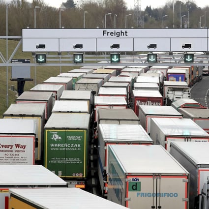 Lorries queue to enter the Eurotunnel in Folkestone during French customs officers’ industrial action on March 19, 2019. Photo: AP